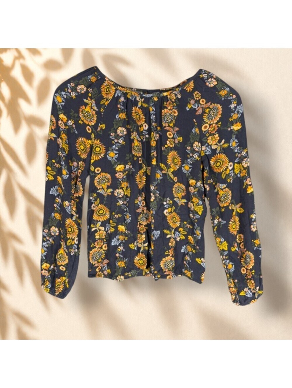 Art Class Blouse Girls L Large Blue Floral Long Sleeve Hook & Eye Rayon Casual